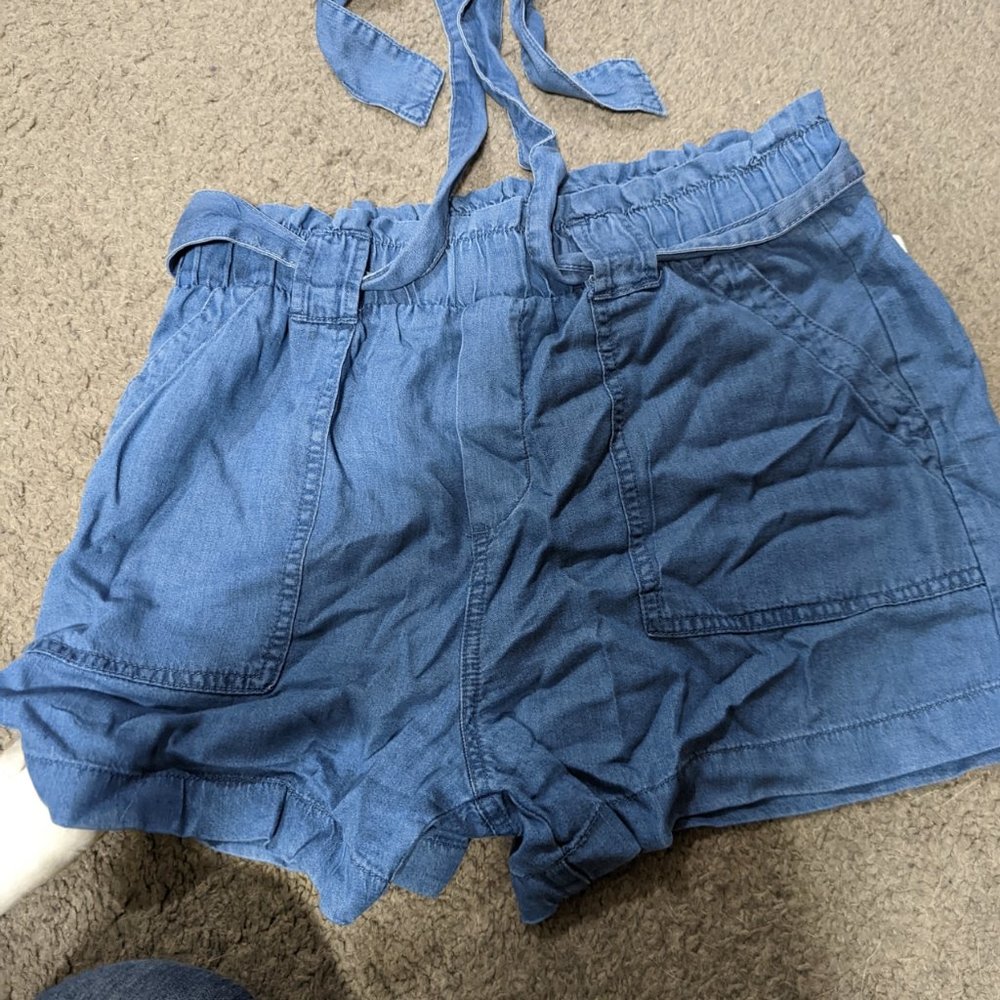 Blue paper bag shorts